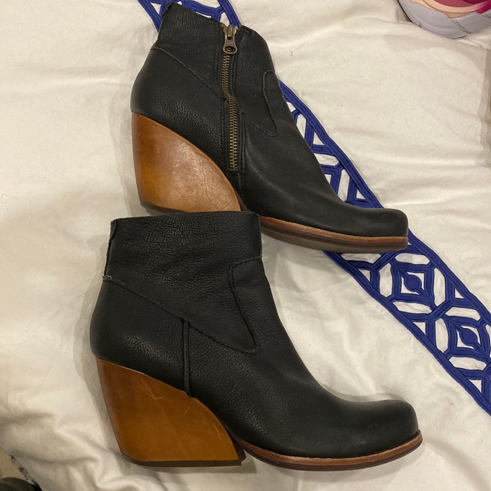 Kork-Ease black leather wedge booties